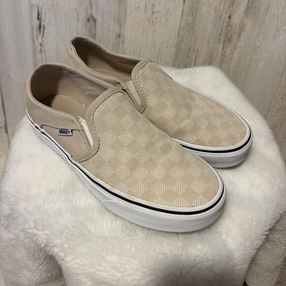 VANS Women's Size 7.5 Checkerboard Slip On Canvas Sneakers Tan/White - Picture 2 of 9
